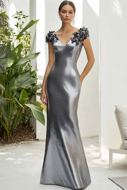 Leely Women Dark Grey Satin Sheath Formal Dress with 3D Flowers V-Neck Backless Long Evening Dress