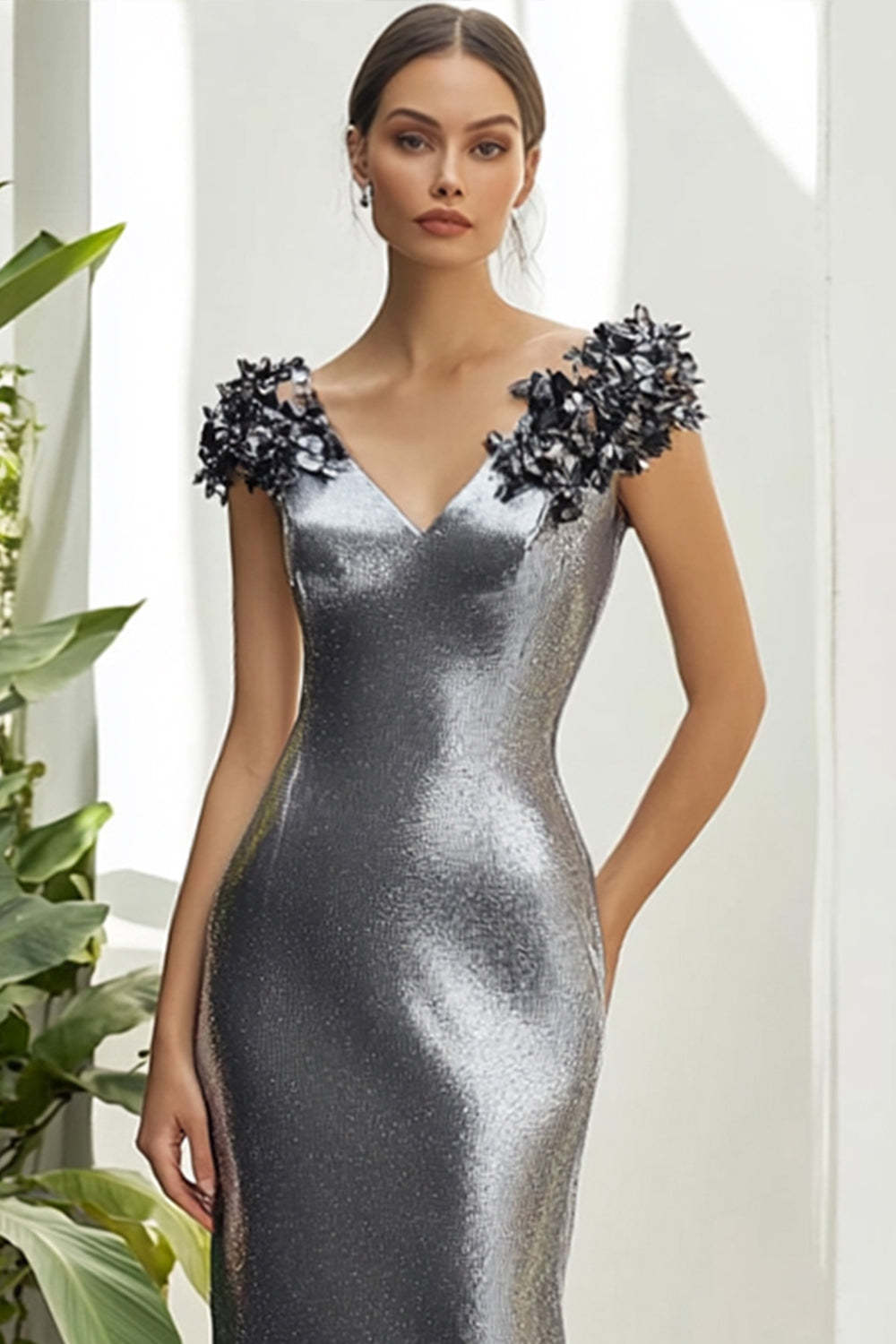 Dark Grey V Neck Satin Sheath Long Formal Dress with 3D Flowers