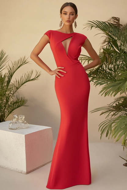 Leely Women Red Elegant Scoop Satin Sheath Formal Dress Cap Sleeves Keyhole Long Evening Dress