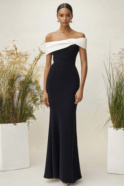 Leely Women White Black Elegant Off the Shoulder Satin Formal Dress Sheath Long Black Tie Dress