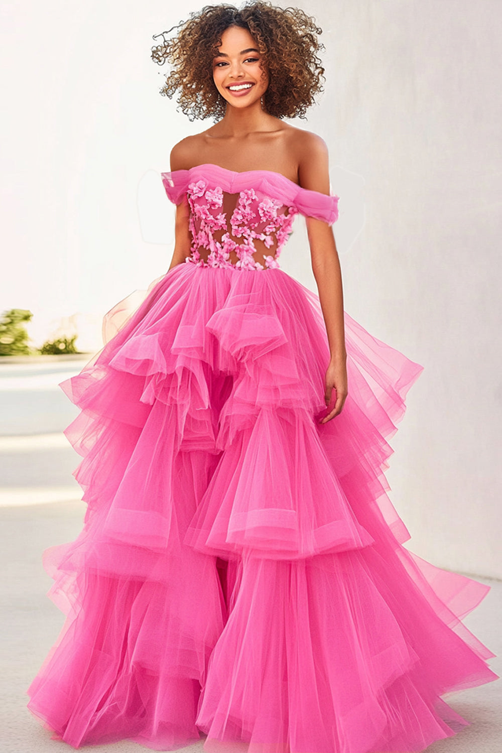 Leely Women Princess Fuchsia Applique Formal Dress with Ruffles Ball Gown Off the Shoulder Tiered Tulle Long Prom Dress