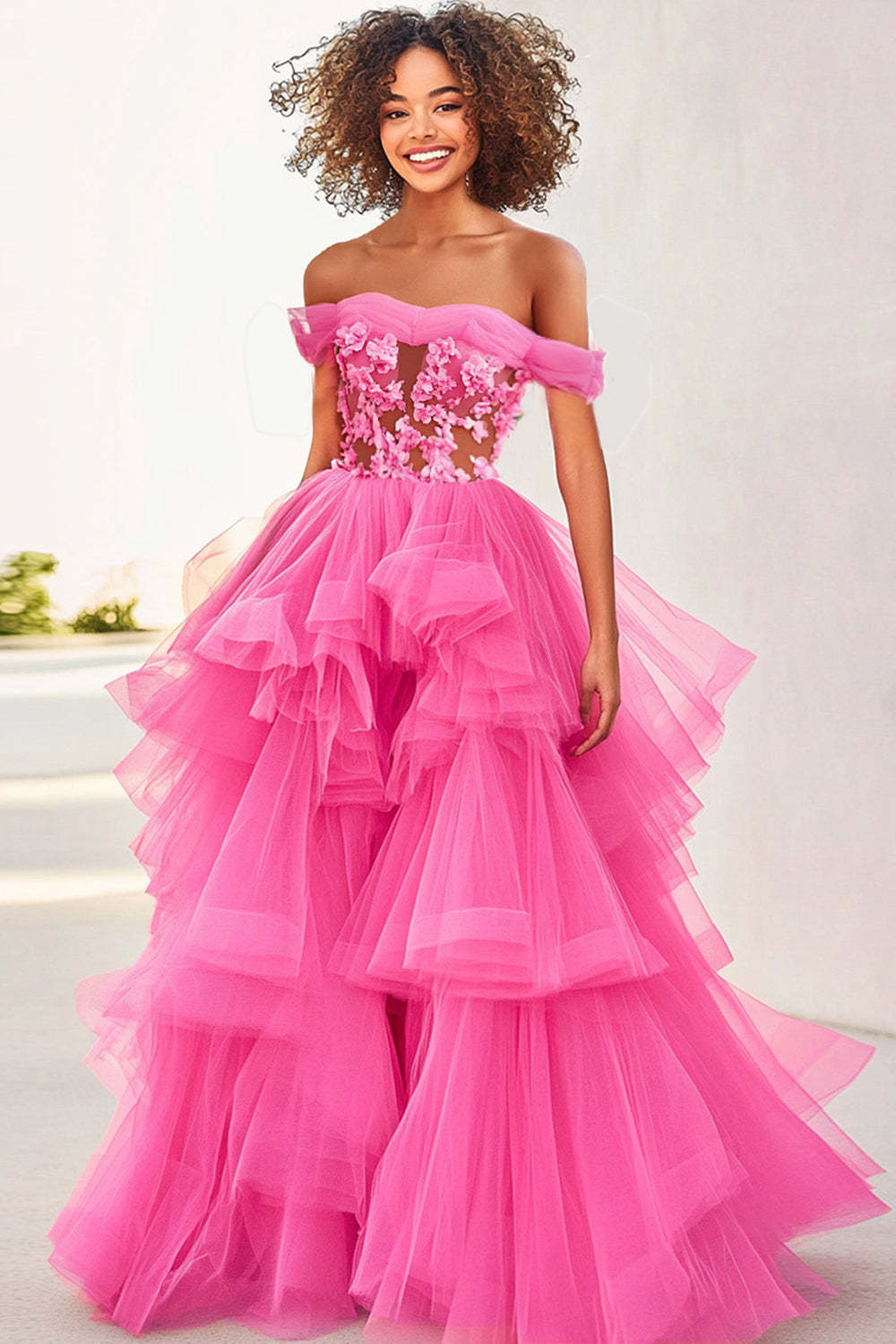 Leely Women Princess Fuchsia Applique Formal Dress with Ruffles Ball Gown Off the Shoulder Tiered Tulle Long Prom Dress