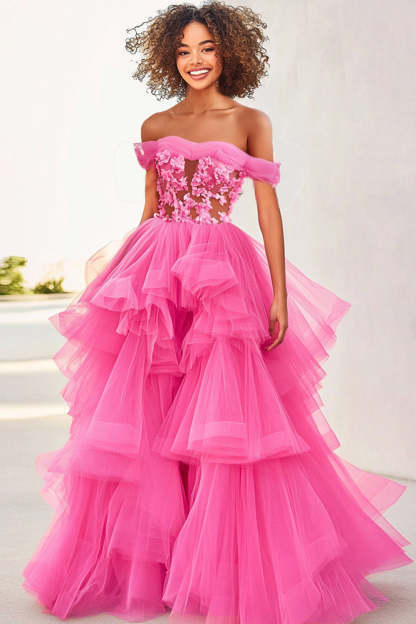 Leely Women Princess Fuchsia Applique Formal Dress with Ruffles Ball Gown Off the Shoulder Tiered Tulle Long Prom Dress