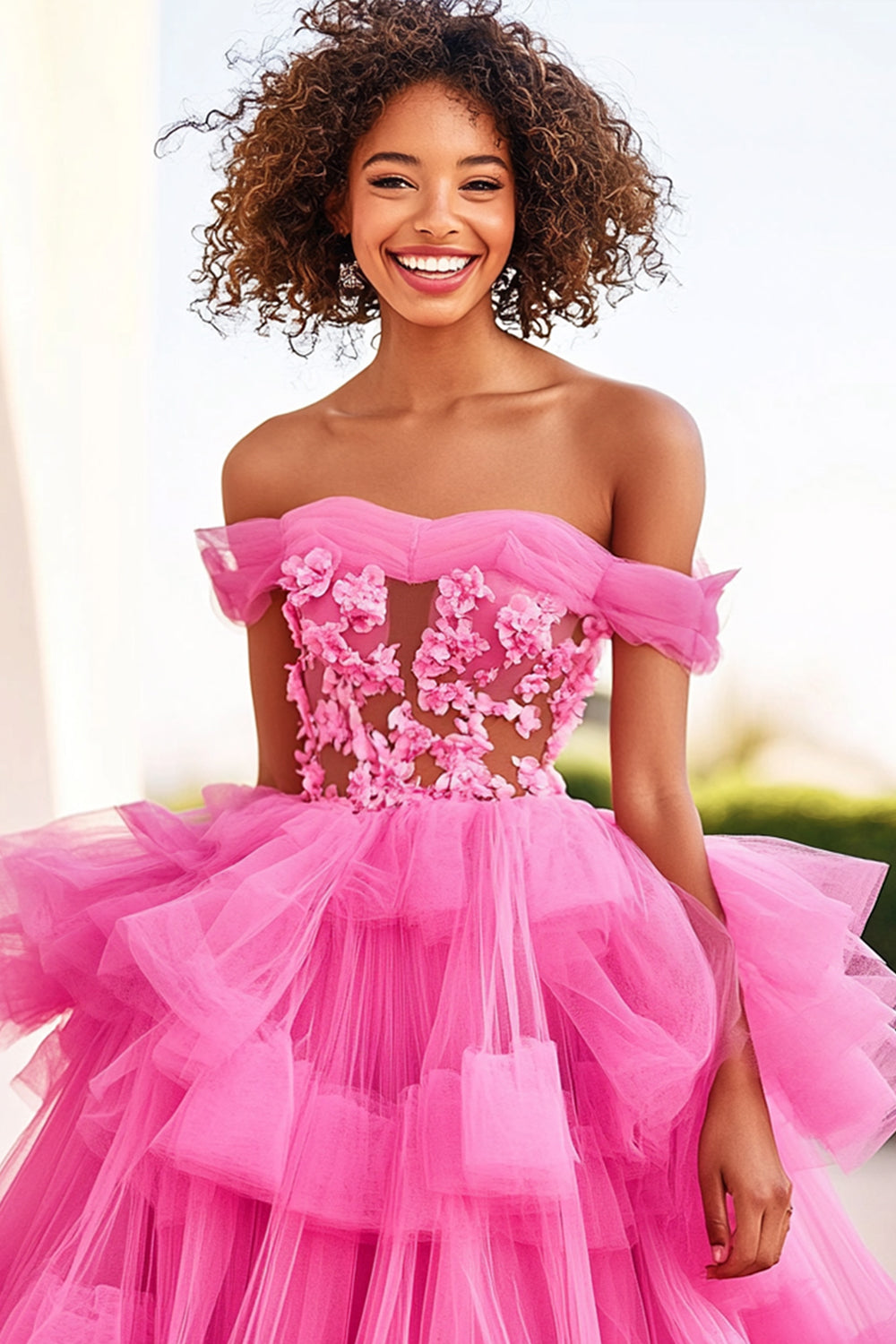 Fuchsia Ball Gown Applique Tiered Long Formal Dress with Ruffles