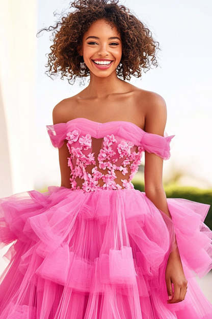 Fuchsia Ball Gown Applique Tiered Long Formal Dress with Ruffles