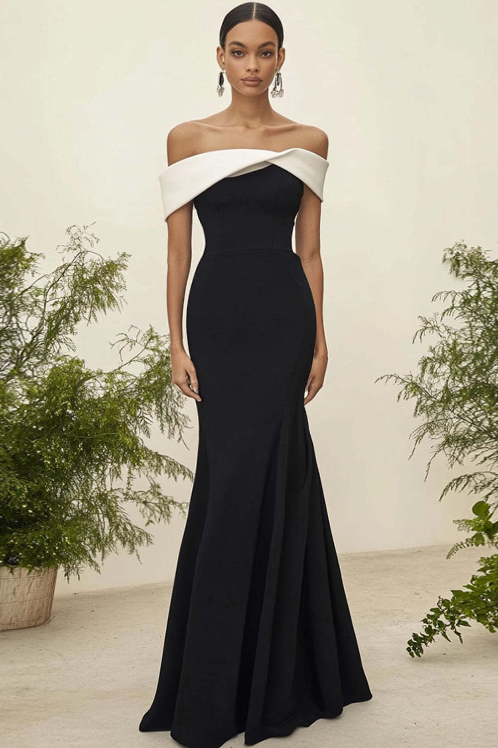 Leely Women Elegant White Black Satin Formal Dress Sheath Off the Shoulder Long Black Tie Dress