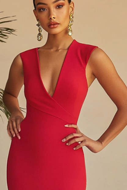 Elegant Red Sheath V-Neck Long Formal Dress