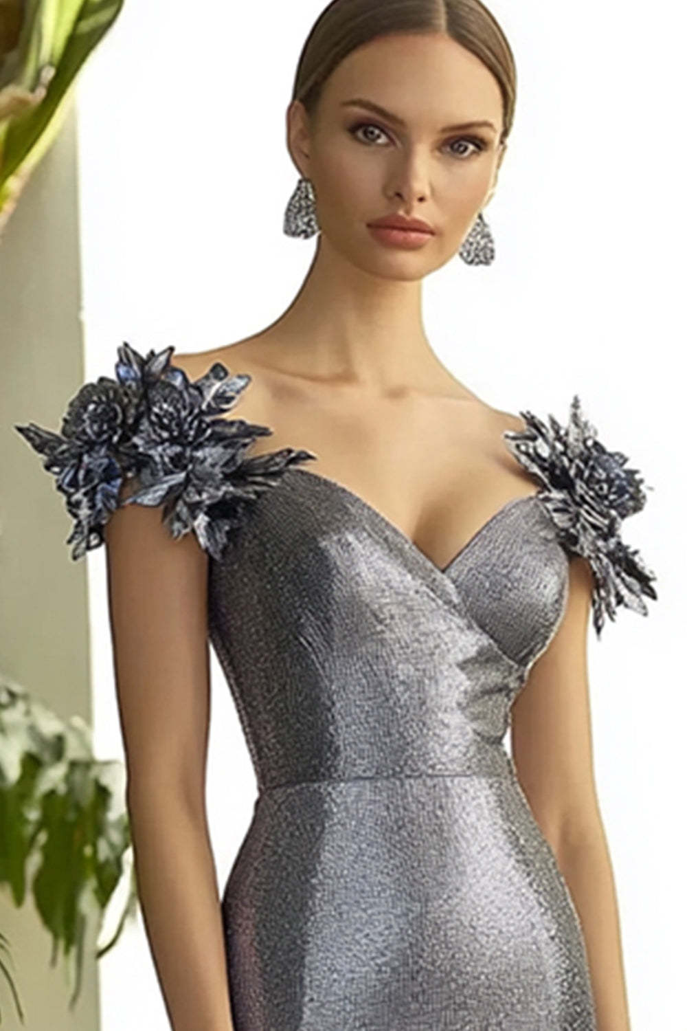 Dark Grey V Neck Sheath Long Formal Dress with 3D Flowers