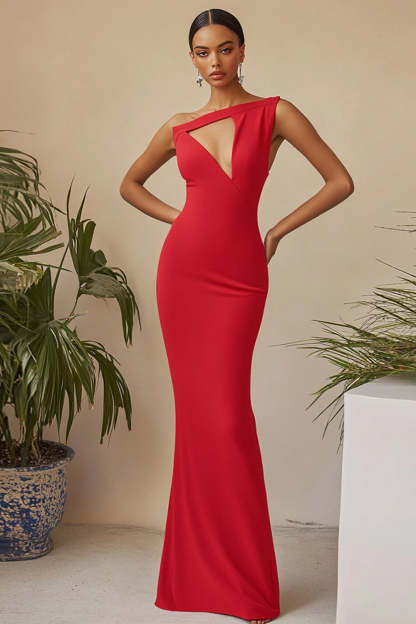 Leely Women Red One Shoulder Satin Formal Dress Sheath Cut Out Long Evening Dress