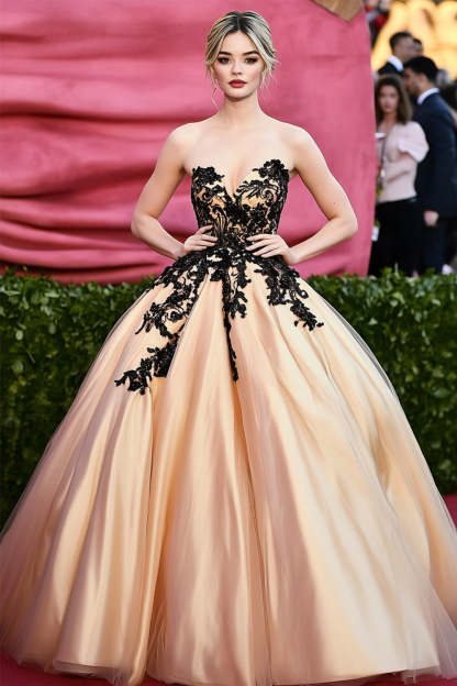 Leely Women Champagne Ball Gown Sweetheart Applique Formal Dress Matte Satin Floor Length Gala Dress
