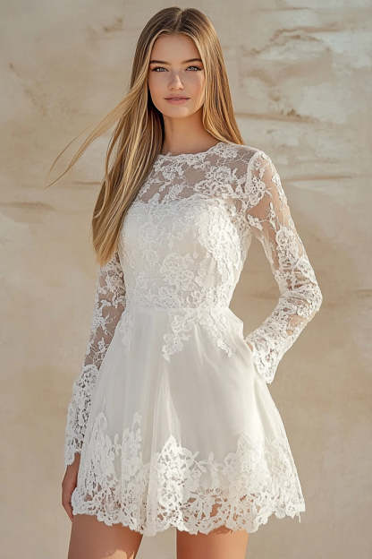 Leely Women White Lace A Line Short Graduation Dress Scoop Neck Long Sleeves Little White Dress