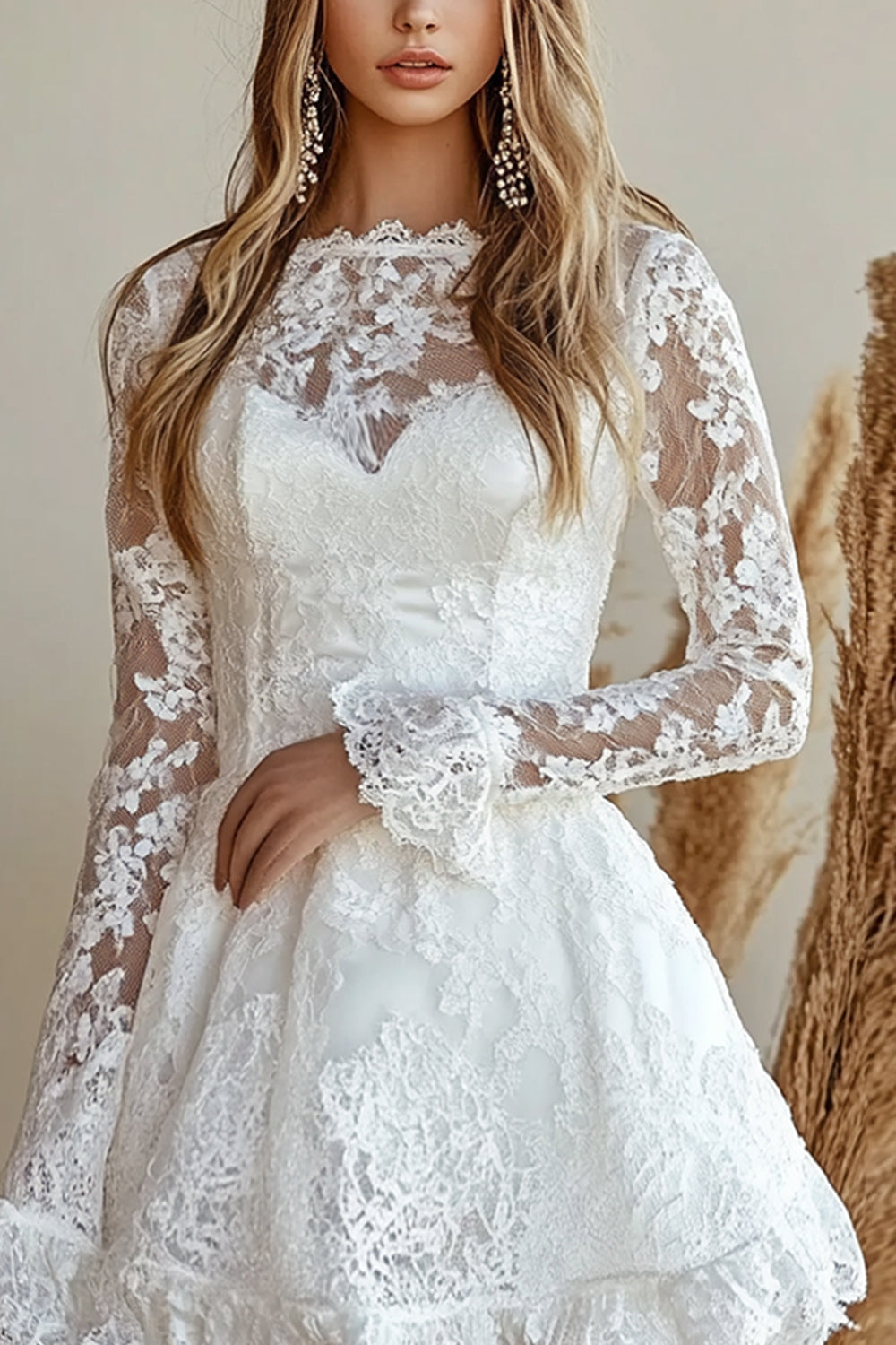 White Lace A Line Mini Graduation Dress with Long Sleeves