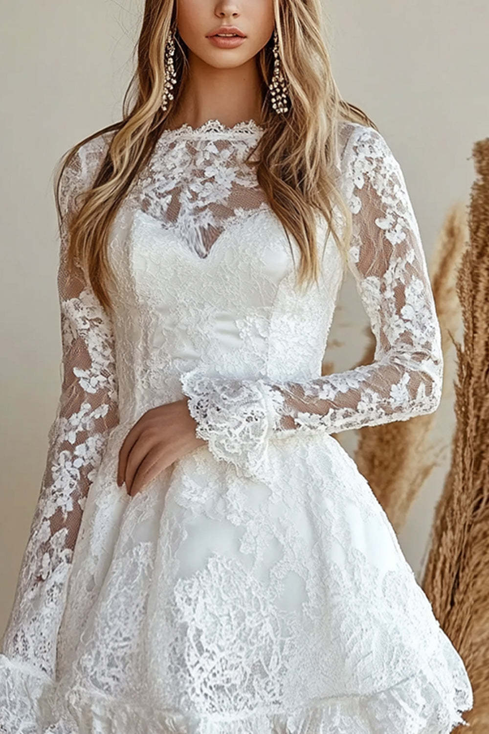 White Lace A Line Mini Graduation Dress with Long Sleeves