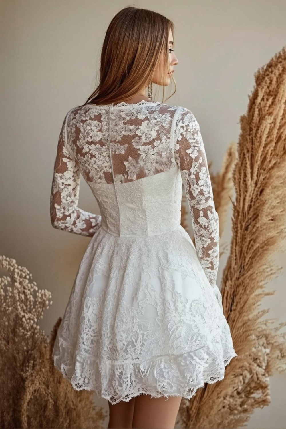 White Lace A Line Mini Graduation Dress with Long Sleeves