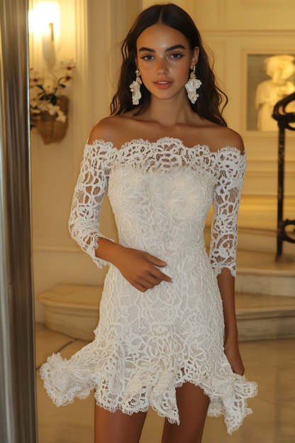 Leely Women White Lace Bodycon Mini Graduation Dress Off the Shoulder Half Sleeves Ruffled Little White Dress