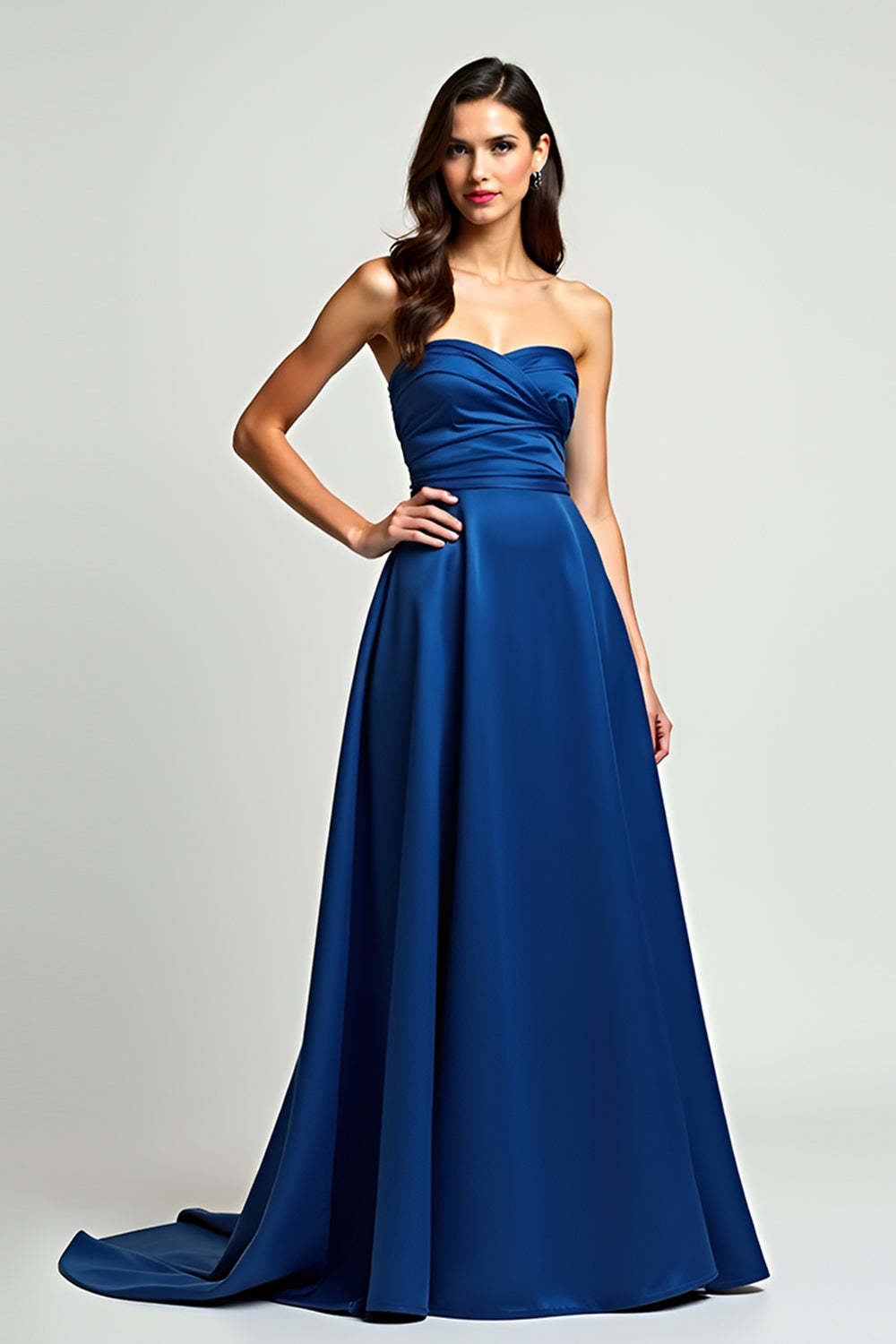 Leely Women Navy A Line Strapless Satin Formal Dress Sweetheart Long Gala Dress