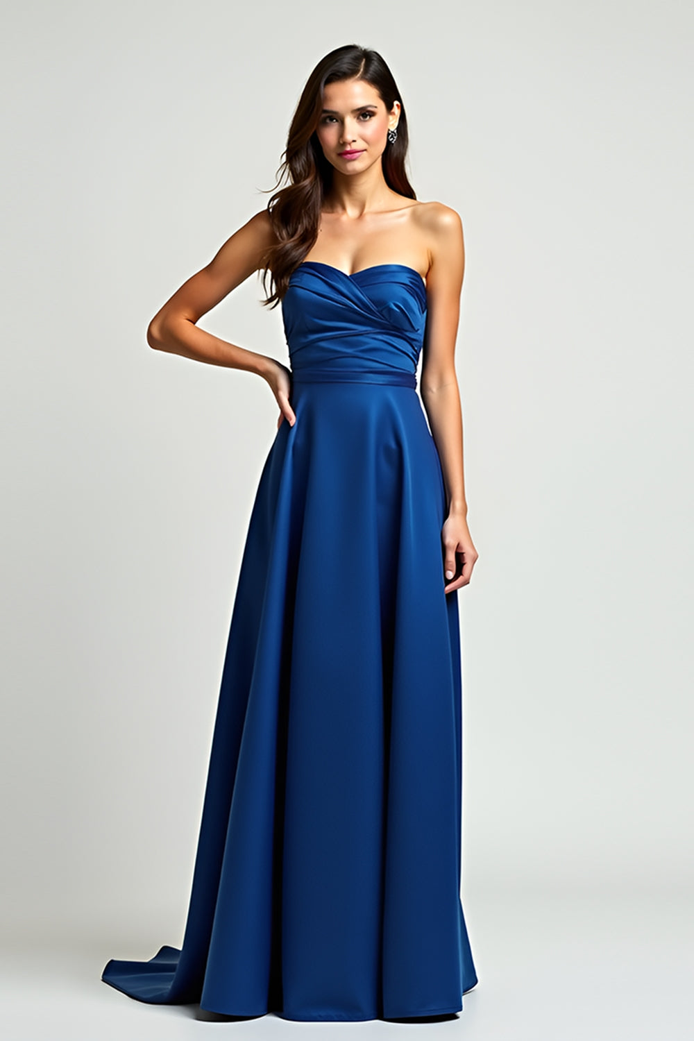 Navy Strapless Sweetheart Satin A Line Long Formal Dress