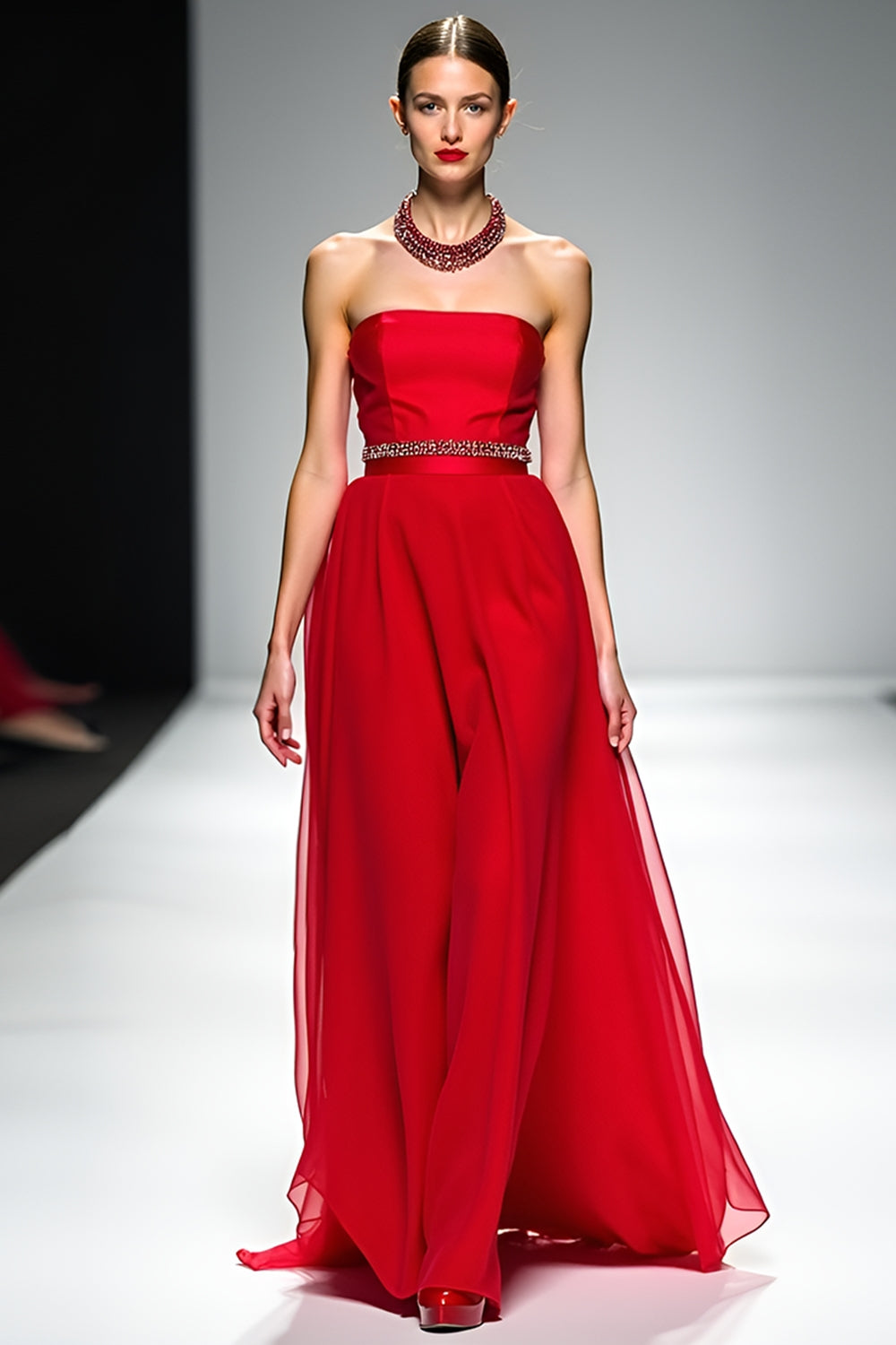 Leely Women Red Strapless Chiffon Formal Dress with Belt A Line Beaded Long Gala Dress