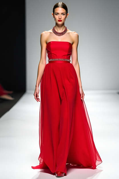Leely Women Red Strapless Chiffon Formal Dress with Belt A Line Beaded Long Gala Dress