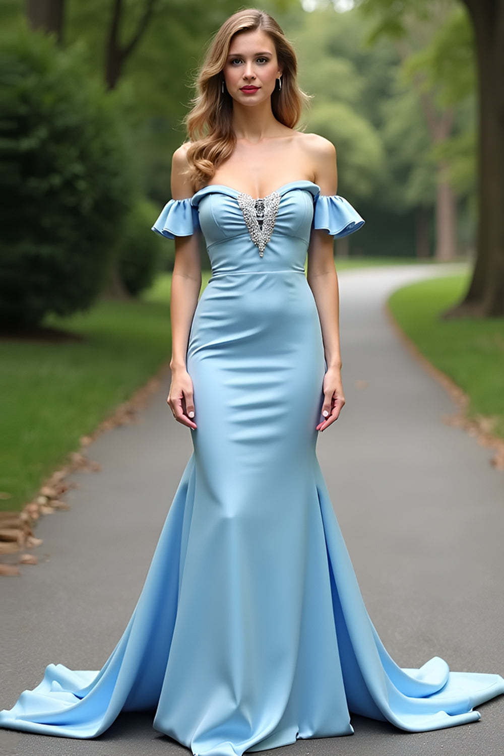 Leely Women Light Blue Off the Shoulder Satin Formal Dress with Rhinestones Sheath Ruffled Long Prom Dress