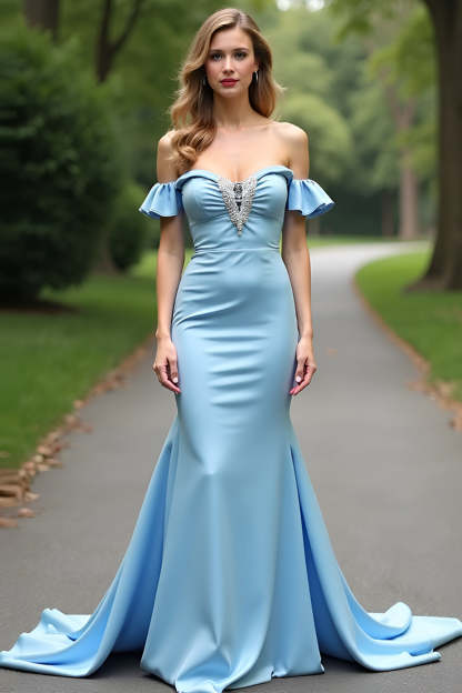 Leely Women Light Blue Off the Shoulder Satin Formal Dress with Rhinestones Sheath Ruffled Long Prom Dress