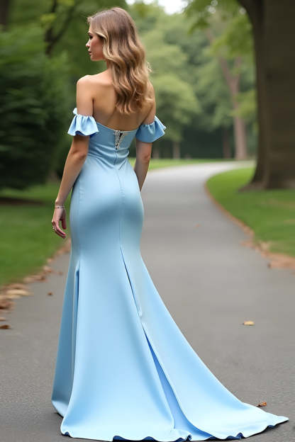 Light Blue Off the Shoulder Satin Formal Dress with Ruffles