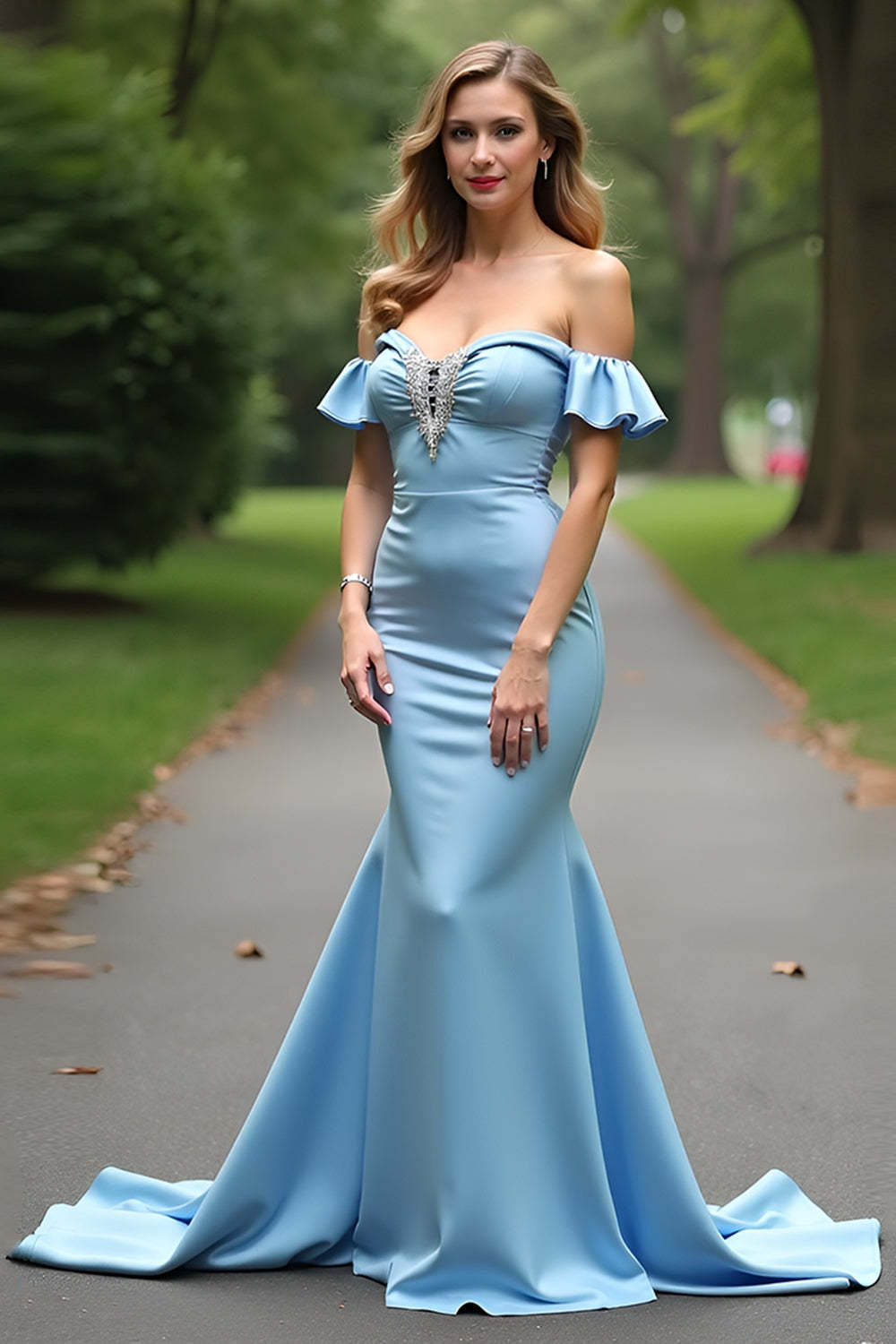 Light Blue Off the Shoulder Satin Formal Dress with Ruffles