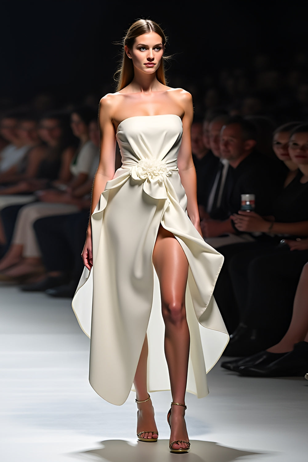 Leely Women White Strapless Flower High Low Gala Dress with Slit Asymmetrical Ruched Formal Dress