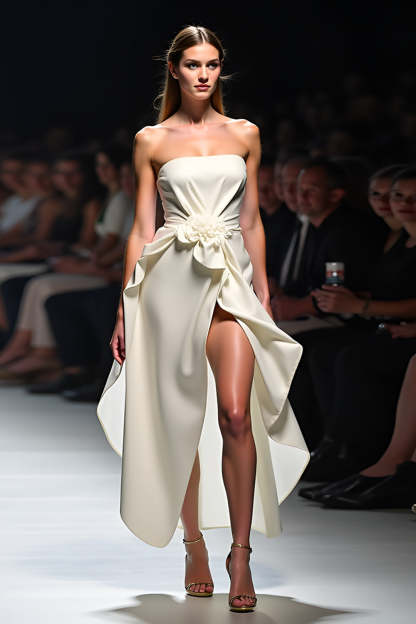 Leely Women White Strapless Flower High Low Gala Dress with Slit Asymmetrical Ruched Formal Dress