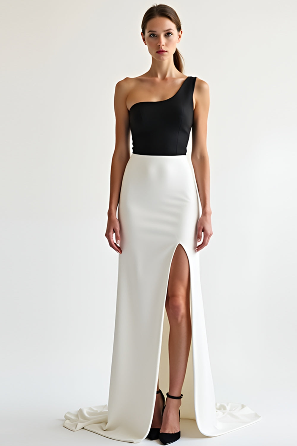 Leely Women Elegant Black White One Shoulder Satin Formal Dress with Slit Sheath Sweep Train Prom Dress