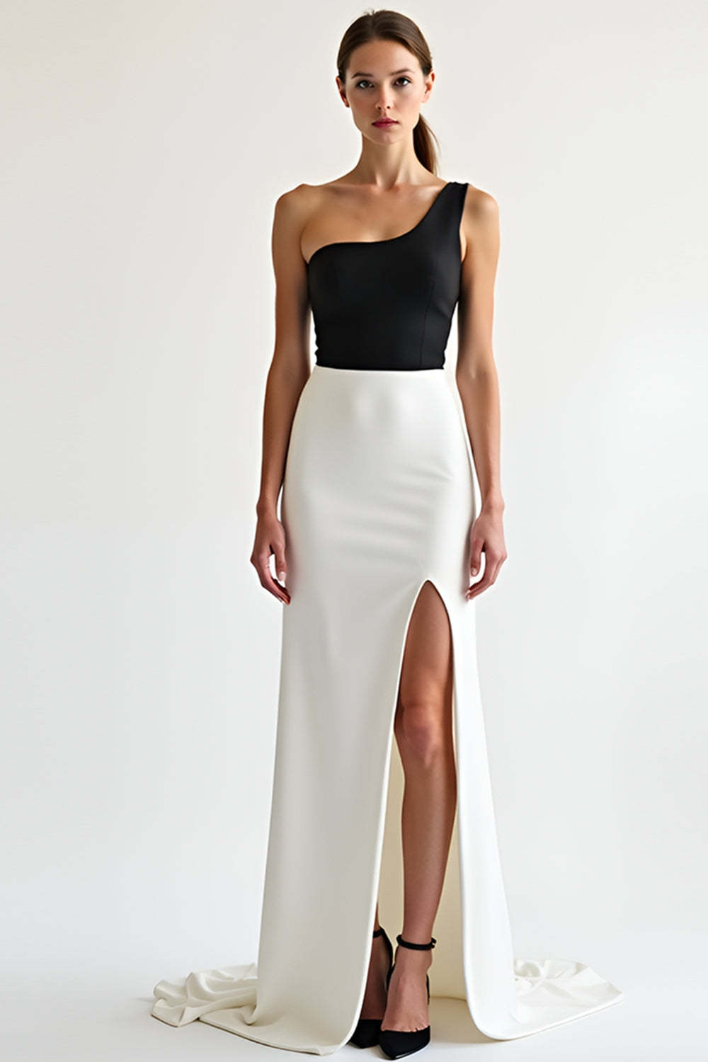 Leely Women Elegant Black White One Shoulder Satin Formal Dress with Slit Sheath Sweep Train Prom Dress