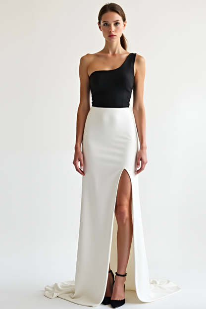 Leely Women Elegant Black White One Shoulder Satin Formal Dress with Slit Sheath Sweep Train Prom Dress