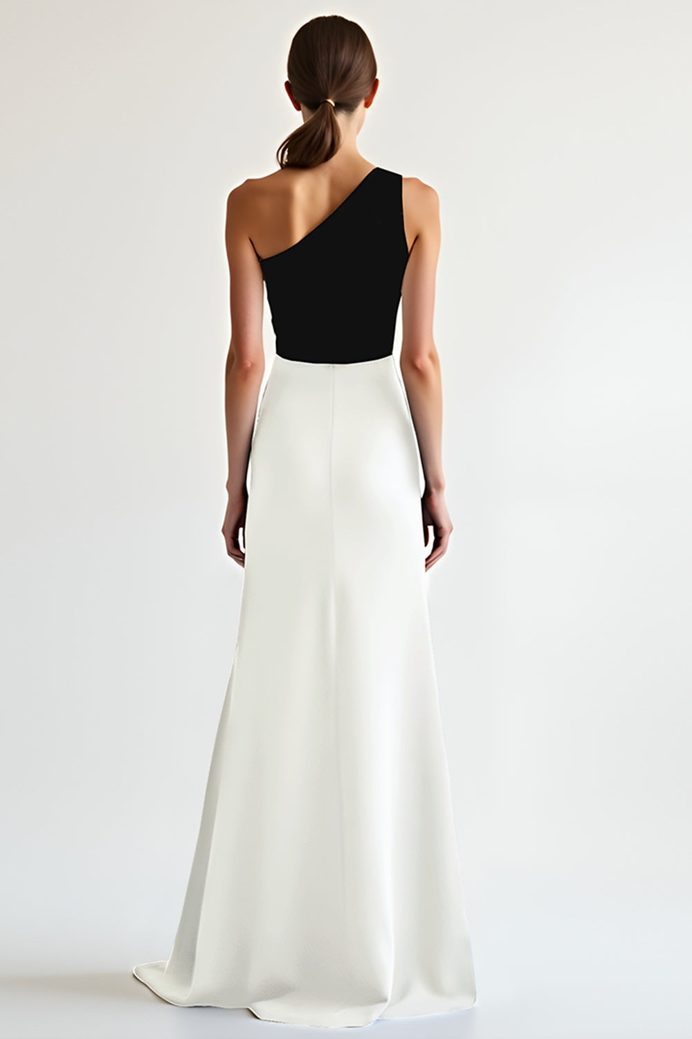 Sheath Black White One Shoulder Satin Long Formal Dress with Slit