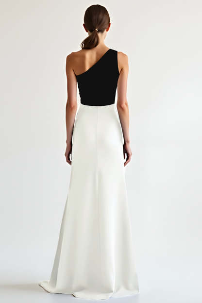 Sheath Black White One Shoulder Satin Long Formal Dress with Slit