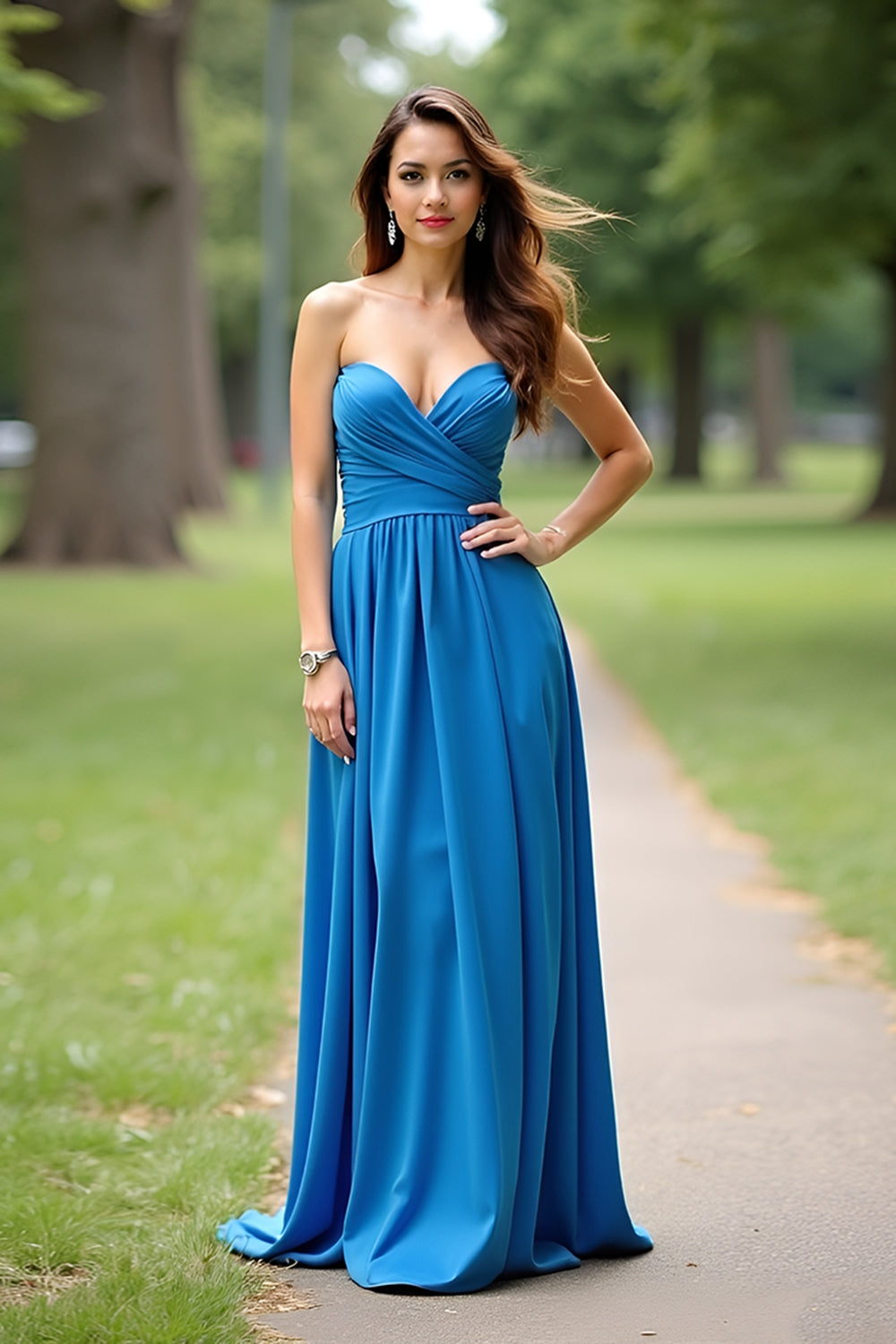 Dark Blue Strapless Sweetheart Ruched Satin Long Formal Dress