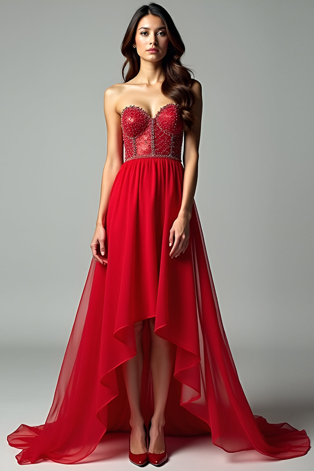 Leely Women Sparkly Red Corset Strapless Beaded Formal Dress A Line Chiffon Sweetheart High-Low Prom Dress