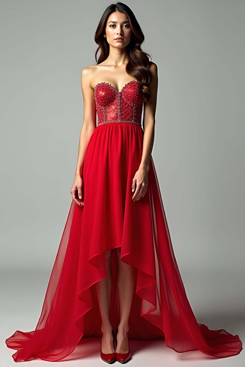 Leely Women Sparkly Red Corset Strapless Beaded Formal Dress A Line Chiffon Sweetheart High-Low Prom Dress