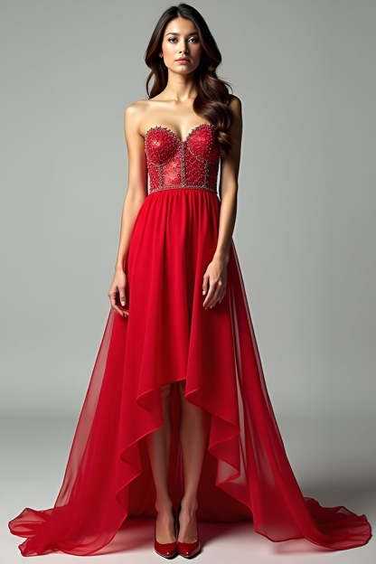 Leely Women Sparkly Red Corset Strapless Beaded Formal Dress A Line Chiffon Sweetheart High-Low Prom Dress