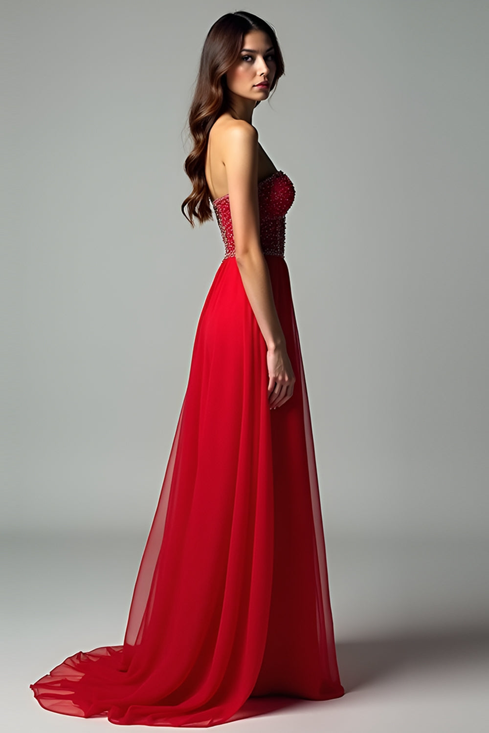 Red Sweetheart Corset A Line Beaded High-Low Formal Dress