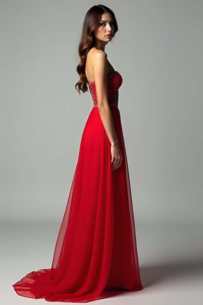 Red Sweetheart Corset A Line Beaded High-Low Formal Dress