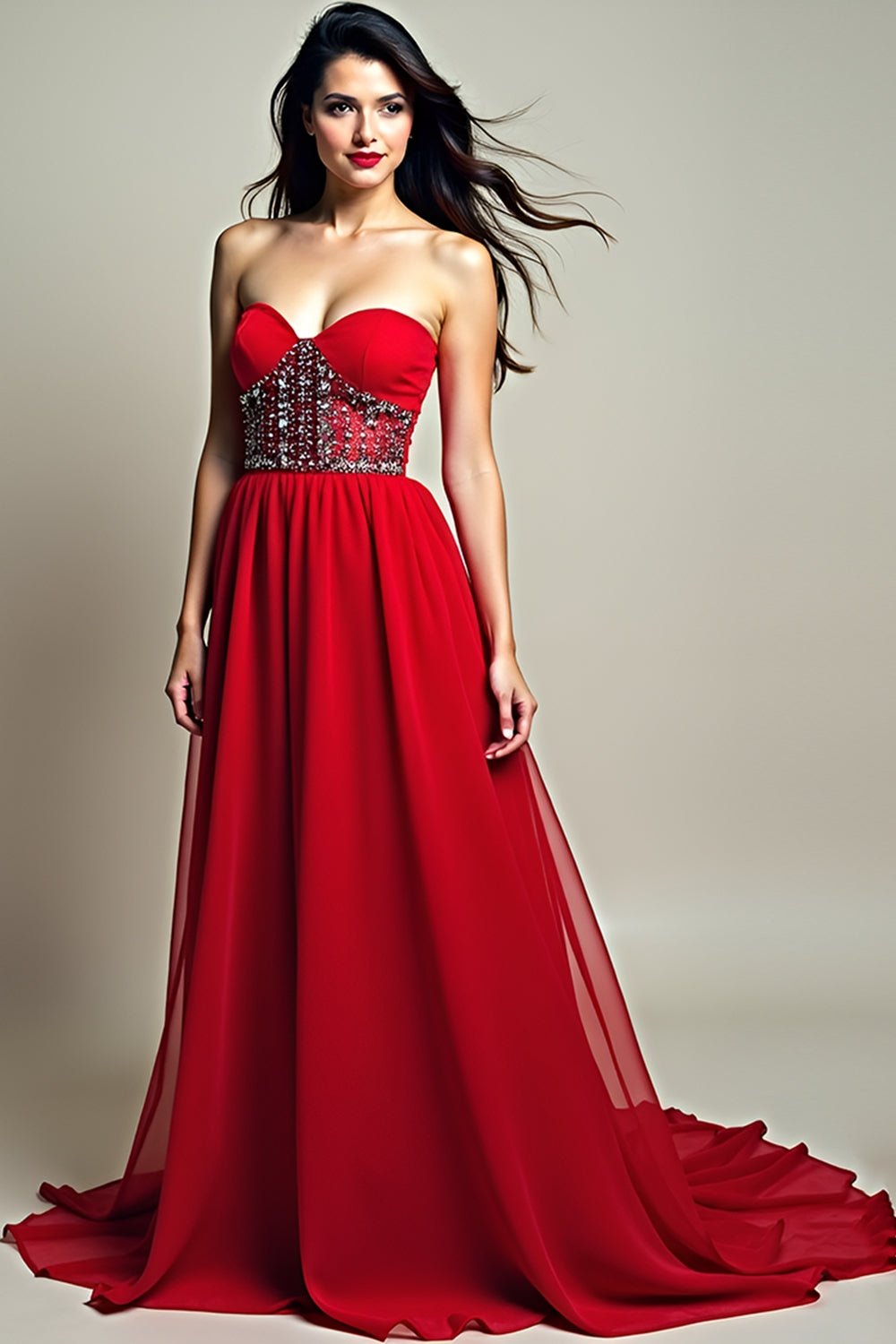 Sparkly Red Corset A Line Long Backless Formal Dress with Beading