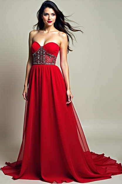 Leely Women Sparkly Red Corset Formal Dress Beaded A Line Chiffon Sweetheart Backless Long Prom Dress