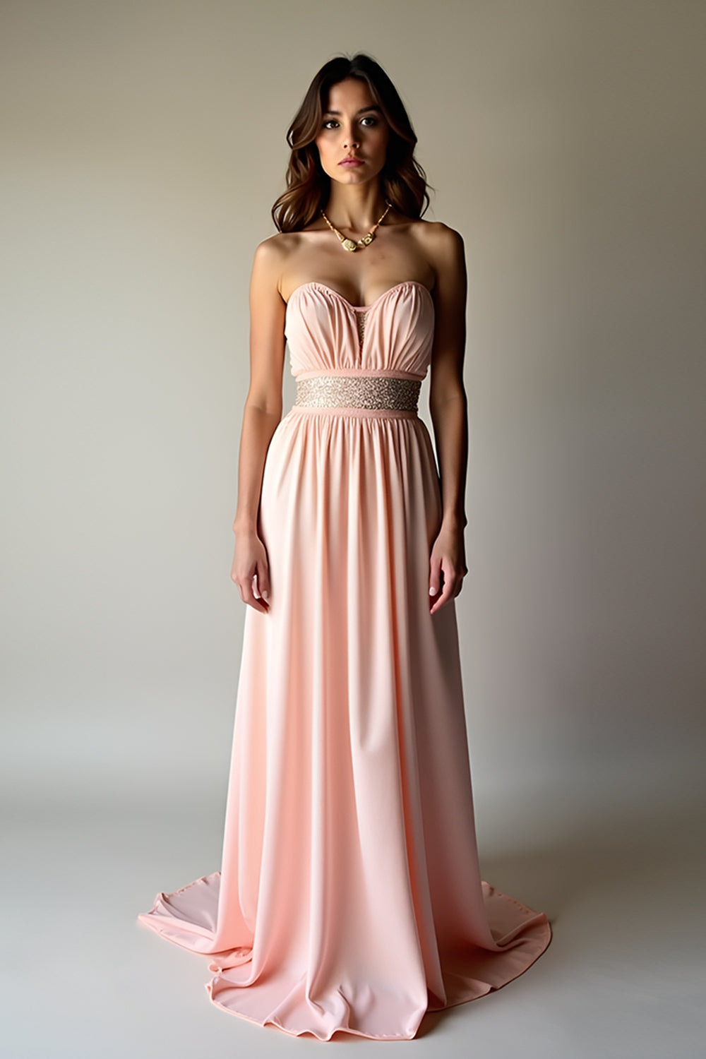 Leely Women Blush Beaded Sweetheart A Line Formal Dress Ruched Backless Chiffon Long Prom Dress