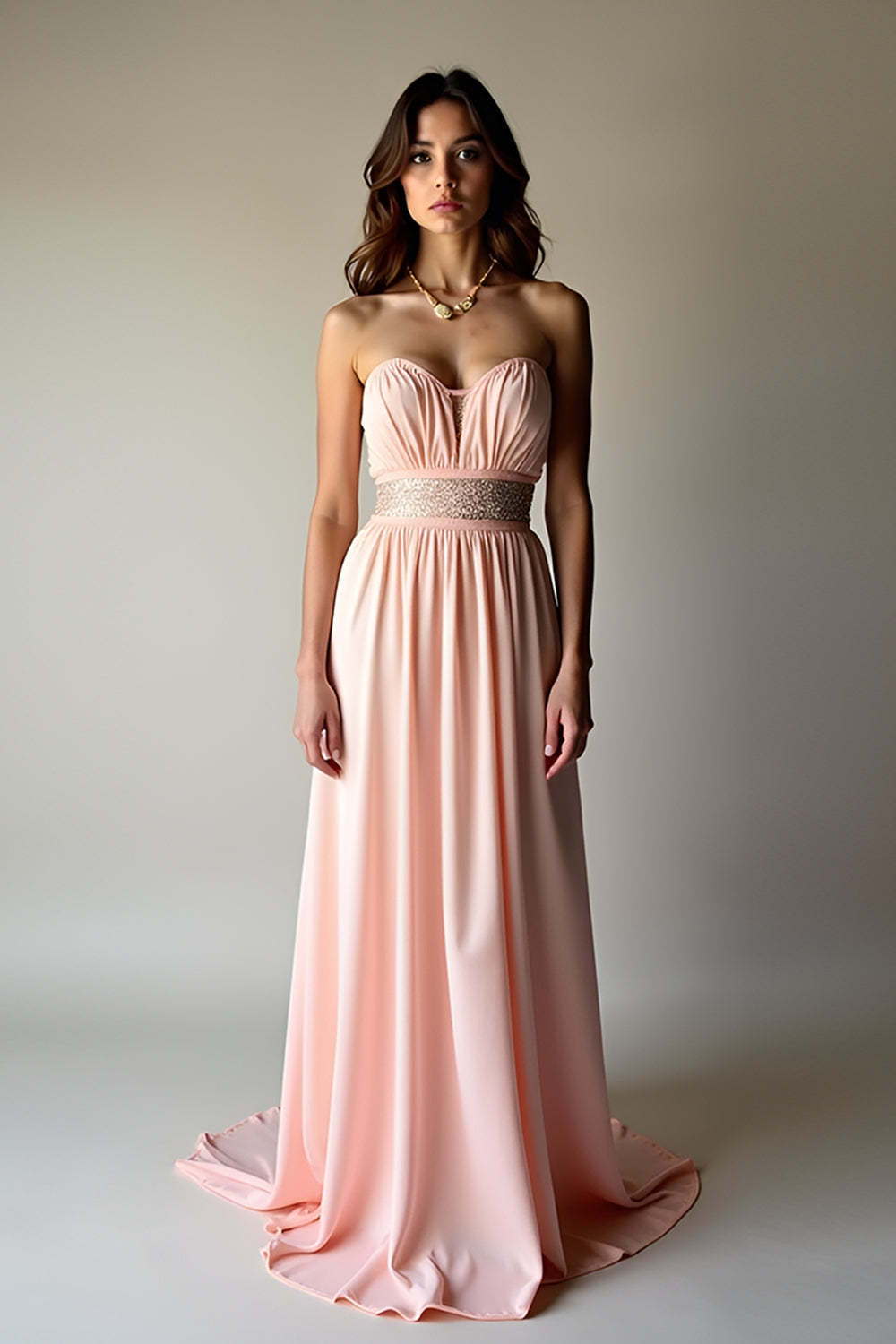 Leely Women Blush Beaded Sweetheart A Line Formal Dress Ruched Backless Chiffon Long Prom Dress