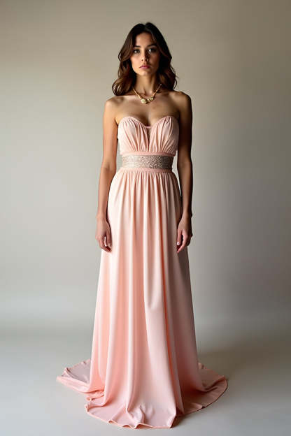 Leely Women Blush Beaded Sweetheart A Line Formal Dress Ruched Backless Chiffon Long Prom Dress