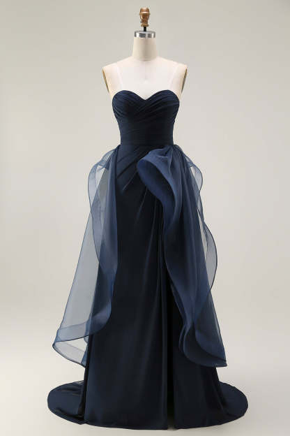 Leely Women Navy Long Satin Ruffled Prom Dress with Cape Strapless Mermaid Evening Dress
