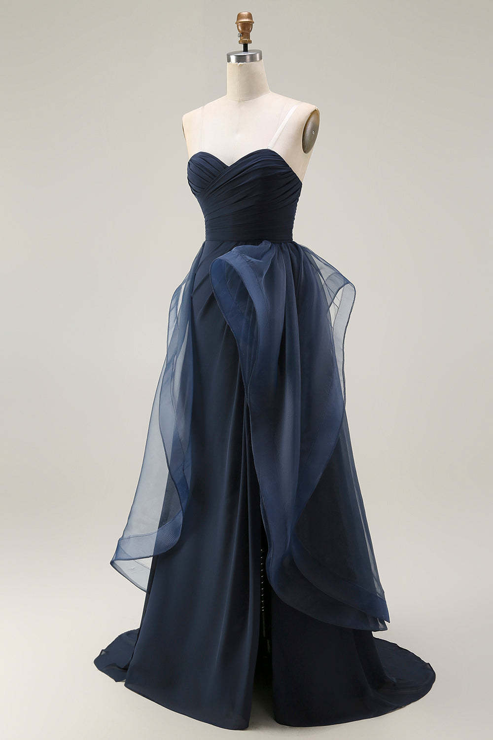 Navy Satin Mermaid Strapless Long Ruffled Prom Dress with Cape