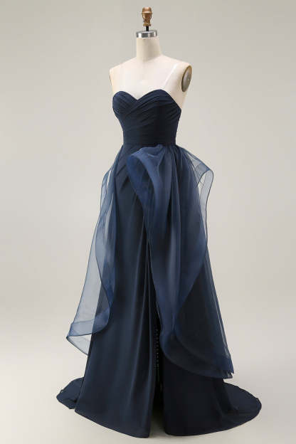 Navy Satin Mermaid Strapless Long Ruffled Prom Dress with Cape