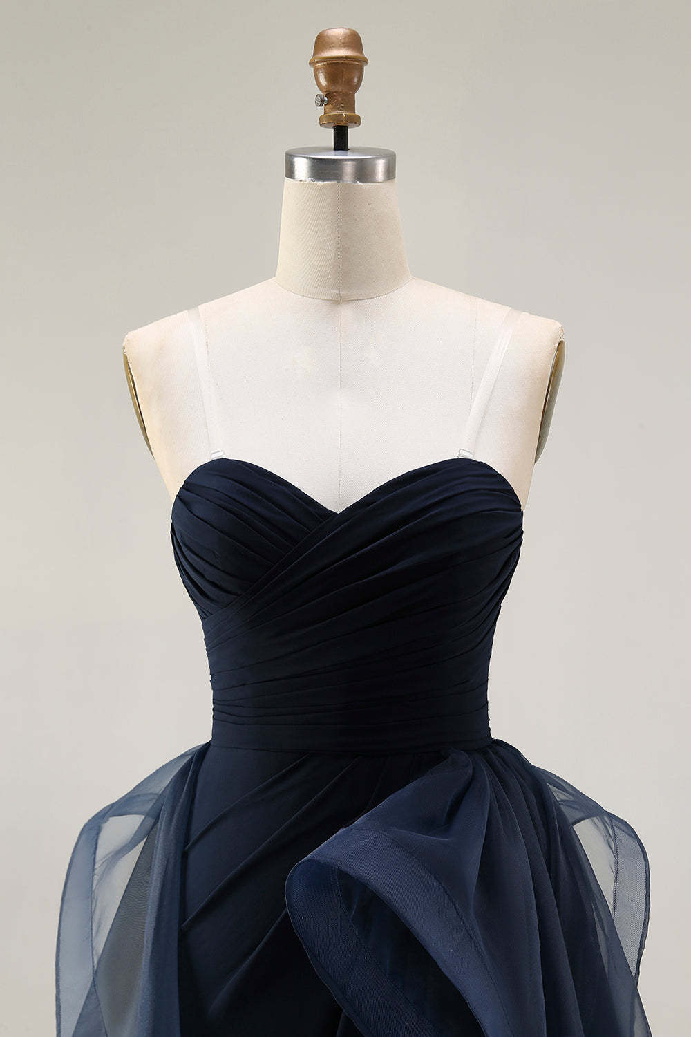 Navy Satin Mermaid Strapless Long Ruffled Prom Dress with Cape
