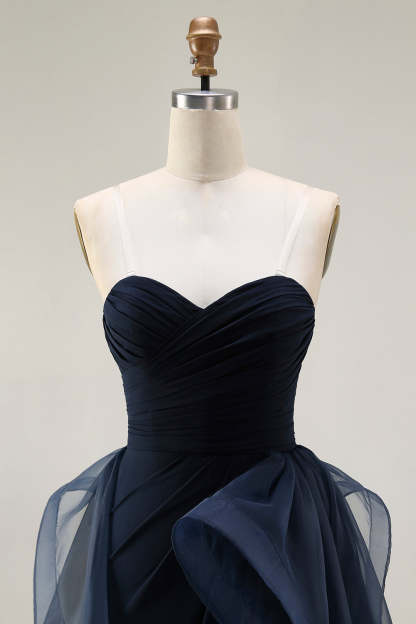 Navy Satin Mermaid Strapless Long Ruffled Prom Dress with Cape